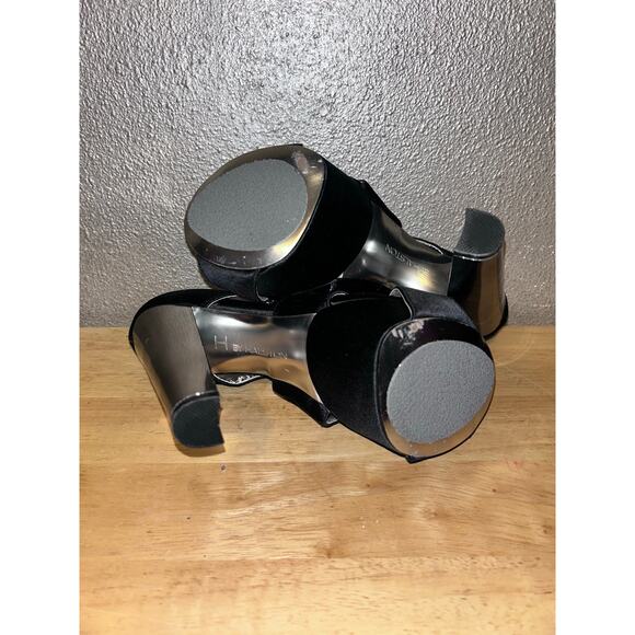 H by Halston Black Satin Rhinestone Platform Heels 7M Silver Tone 5.5” Open Toe - Picture 10 of 16